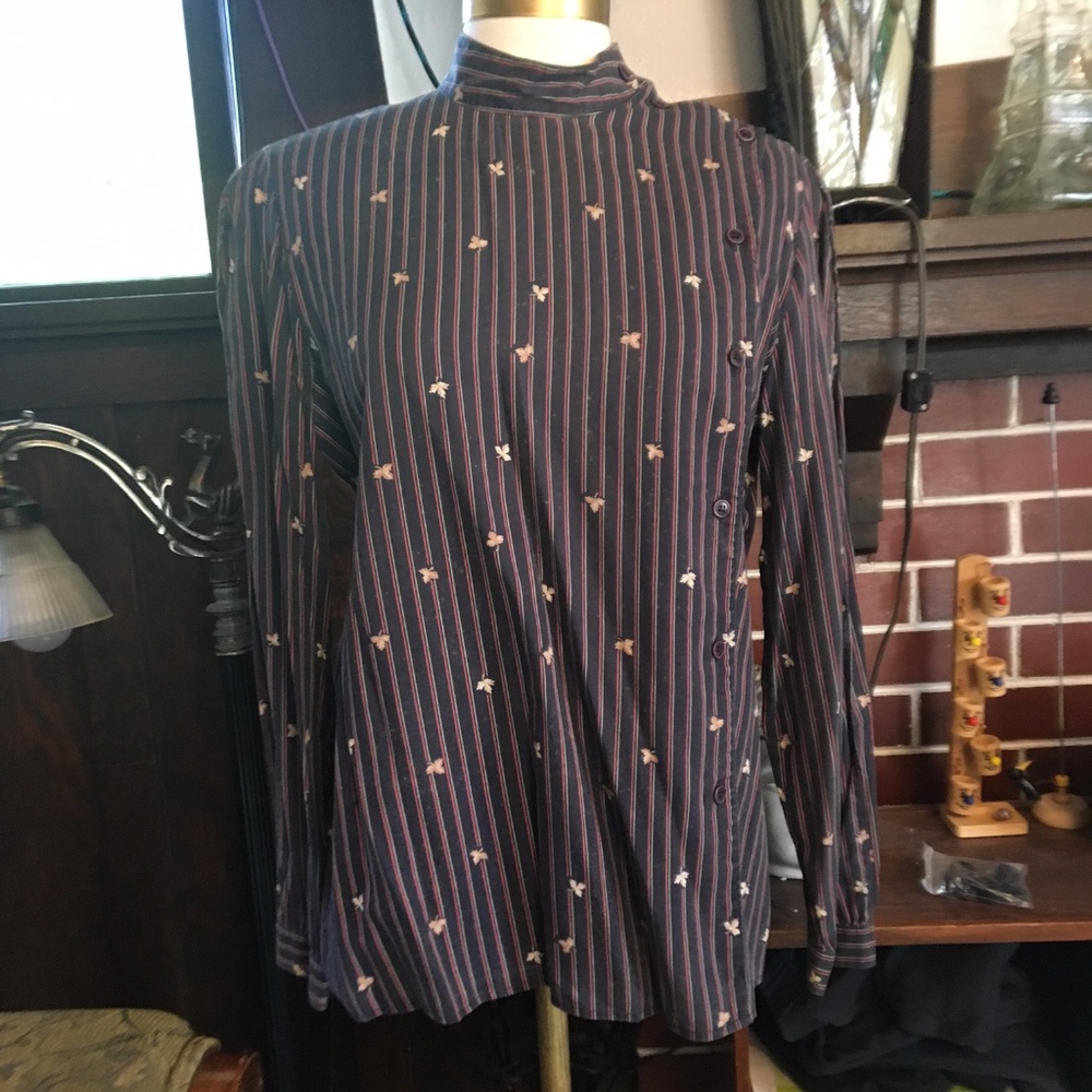 Vintage Jones New York Cotton Button-Down Mandarin Collar Black w/pinstripe Sz12